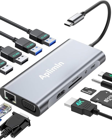 USB C HUB, USB C Adapter 11 in 1 Dongle with 4K HDMI, VGA, PD 100W, 1 X USB 3.0, 3 X USB 2.0 Ethernet, SD/TF Card Reader, 3.5mm Headphone Jack for iPhone 16/15 MacBook Pro/Air, Other Type C Laptops