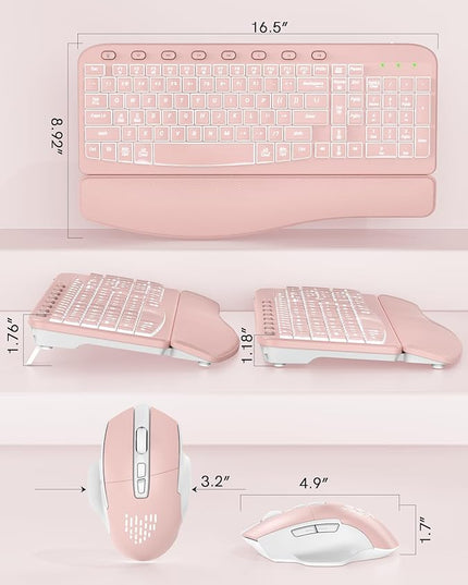 SABLUTE Ergonomic Wireless Keyboard and Mouse Combo - Wave Keyboard with Soft Leather Wrist Rest, Resistant Keys, RGB Backlit Rechargeable Set for PC/Mac/Chromebook (Black) (Pink)