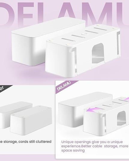 Delamu 2 Pack Cable Management Box, Stylish Cable Box with Cord Organizer for Desk, Pet & Child-Proof Power Strip Hider Box and Floor Cord Covers, Ideal for Home & Office, Durable Cable Organizer Box