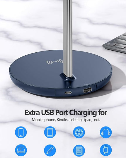 Miroddi Headphone Stand with Wireless Charger, Independent USB Charging Port, 5 in 1 Charging Station Headset Holder Rack for iWatch, iPhone, Samsung and Desk All Headphones, Dark Blue