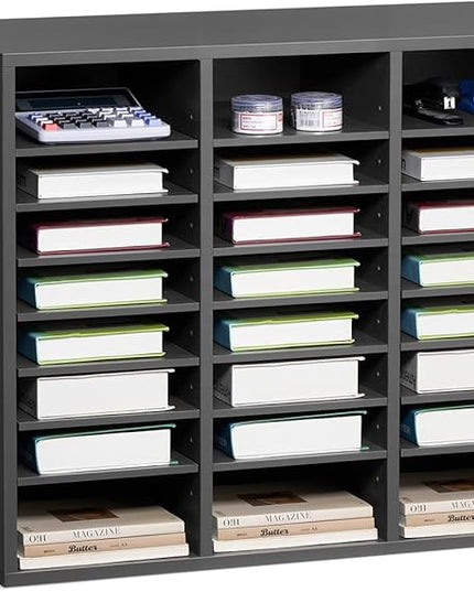 VEVOR Literature Organizer, 24 Compartments Office Mailbox with Adjustable Shelves, Wooden Mailbox Sorter Medium Density Fiberboard Office Home Classroom Storage for Files, Documents, Papers, Grey