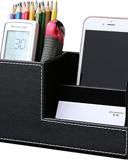 KINGFOM Desk Organizer Office Supplies Caddy Pu Leather Multi-function Storage Box Pen/Pencil,Cell phone, Business Name Cards Remote Control Holder Black