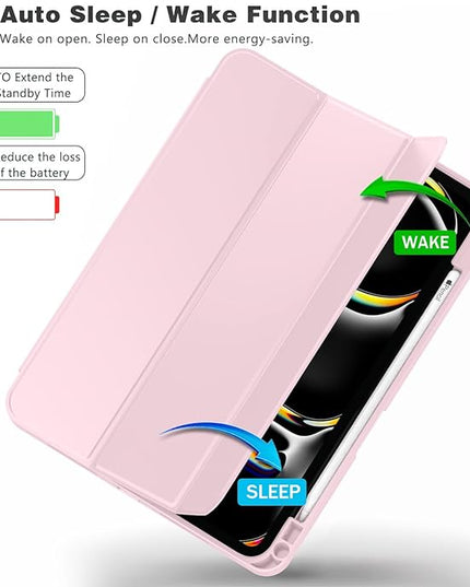 ZryXal iPad Pro 11 Inch Case (M5) 2025/ (M4) 2024 (Model: A2836/A2837/A3006), Trifold Stand Smart Cover with Pencil Holder and Soft TPU Back, Auto Wake/Sleep (Pink)