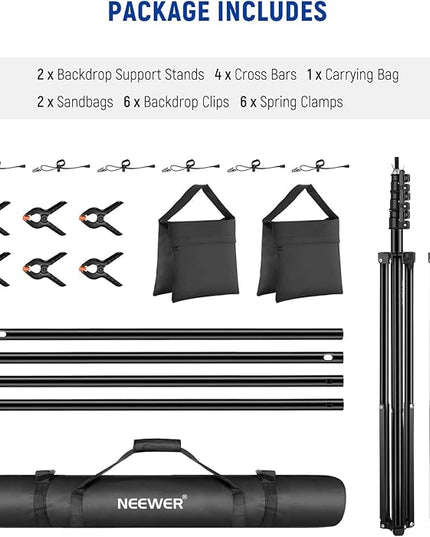 NEEWER 8.5x10ft Adjustable Backdrop Stand Kit, Photography Background Support System with 4 Crossbars, 6 Spring Clamps, 6 Backdrop Clips, 2 Sandbags, and Carrying Bag for Photo Video Party Ceremony