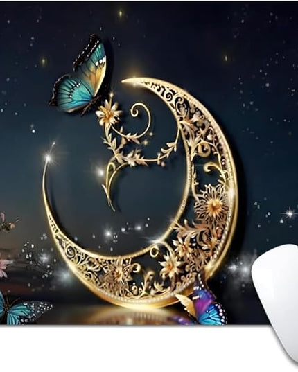 Golden Retro Fantasy Starry Moon Butterfly Square Mouse pad, Texture, Waterproof, Anti Slip Rubber Base, Computer Mouse pad