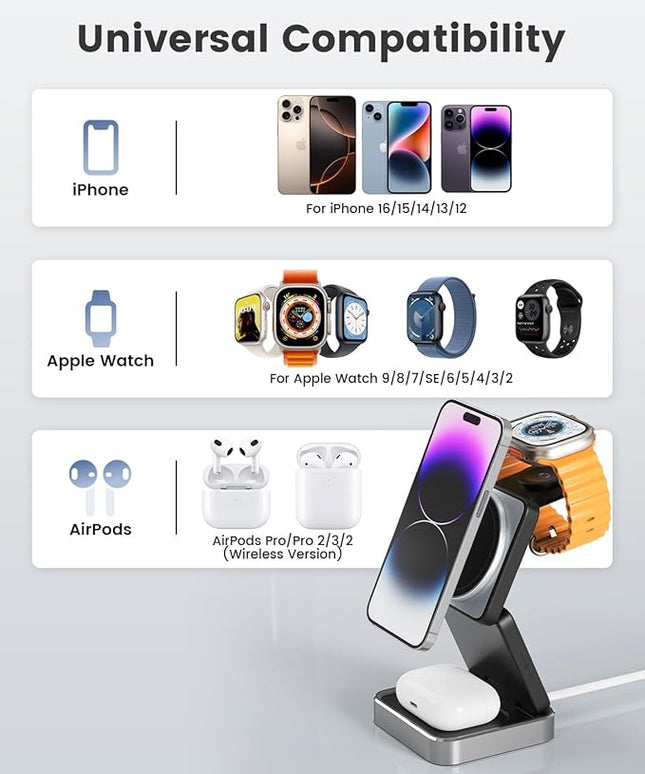 3-in-1 Wireless Charger for iPhone,15W Fast Wireless Charging Station Compatible with Mag-Safe Charger,Magnetic Foldable Travel Charger Stand Nightstand for iPhone 17/16/15/14,Apple Watch&AirPods