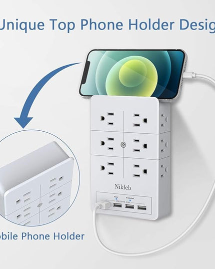Multi Plug Outlet Surge Protector Nikleb, 12 Electrical Outlets Extender with 4 USB Charging Ports Total 4.8A, Wall Plug Expander 3 Prong for Room, Office, Gaming, Cord Organizer Accessories