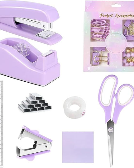 Office Supplies Set,Desk Accessories,Stapler and Tape Dispenser Set,1000 Staples,Staple Remover,Hinder Clips,Ruler,Scissor,Clear Tape,Ballpoint Pen,Sticky Notes,Gifts for Colleagues(Purple)