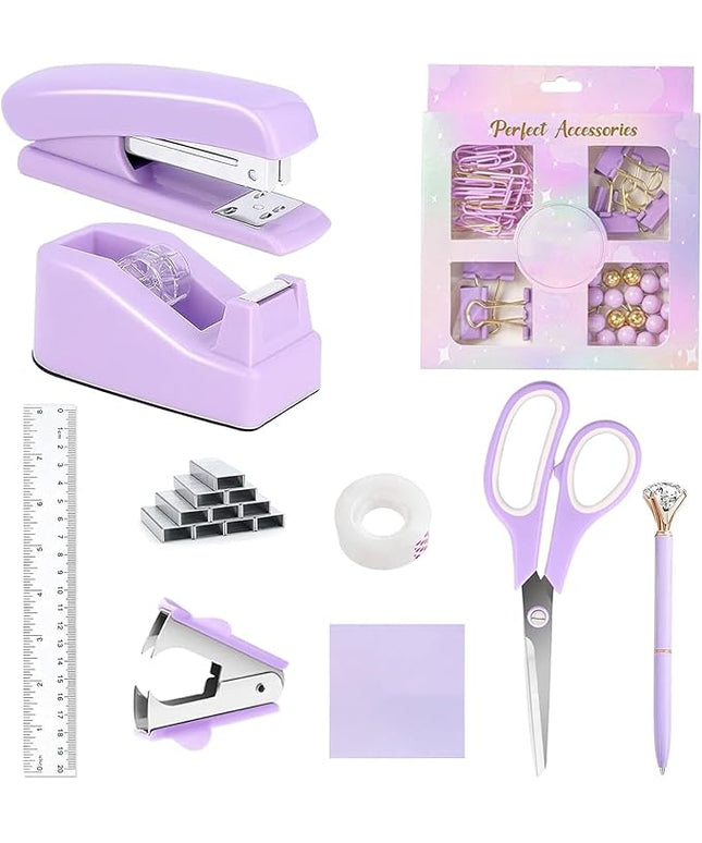 Office Supplies Set,Desk Accessories,Stapler and Tape Dispenser Set,1000 Staples,Staple Remover,Hinder Clips,Ruler,Scissor,Clear Tape,Ballpoint Pen,Sticky Notes,Gifts for Colleagues(Purple)