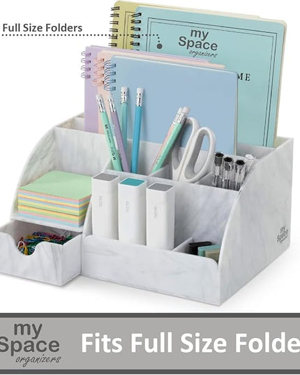 My Space Organizers Marble Desk Organizer For Office Supplies And Accessories - 9 Sections - Pencil Pen Holder Storage - Desktop Organization Decor Essentials (White Grey Marble)
