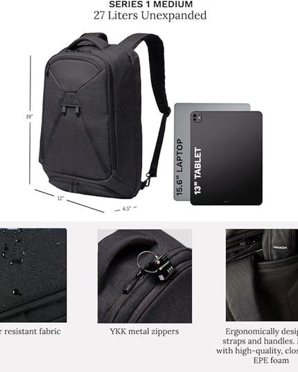 Knack Series 1 Laptop Backpack Fits up to 15 Inch - Knack Bags Carry-On Backpack, TSA Approved, Expandable Travel Backpacks With 3 Day Outfit Capacity (Stealth Black, Medium)