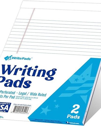 KAISA White Legal Pads Writing Pads Recycled Paper 8.5"x11.75" Wide Ruled Perforated 40 sheets Hard Back Notepads 8-1/2"x 11-3/4" Writing Tablet For Office Supplies Lined Paper (White 2pads)