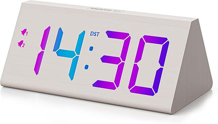 Wooden Digital Alarm Clock with Dual USB Charging Ports, DST, Dimmable, Snooze, RGB Colors, Modern Large Time Display LED Clock for Kids Bedrooms, Living Room, Desk, Table, Bedside, Nightstand (White)