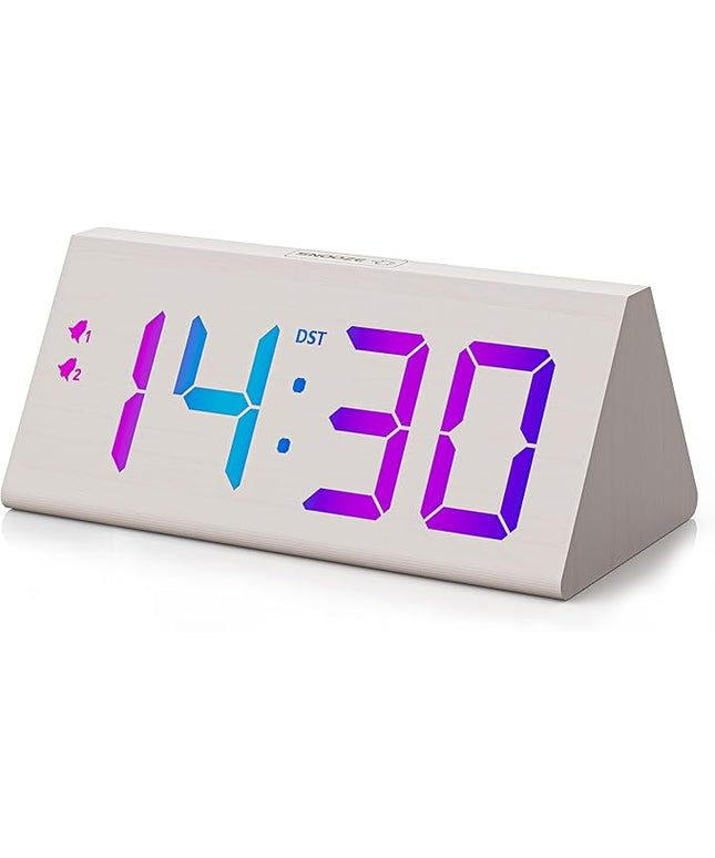 Wooden Digital Alarm Clock with Dual USB Charging Ports, DST, Dimmable, Snooze, RGB Colors, Modern Large Time Display LED Clock for Kids Bedrooms, Living Room, Desk, Table, Bedside, Nightstand (White)