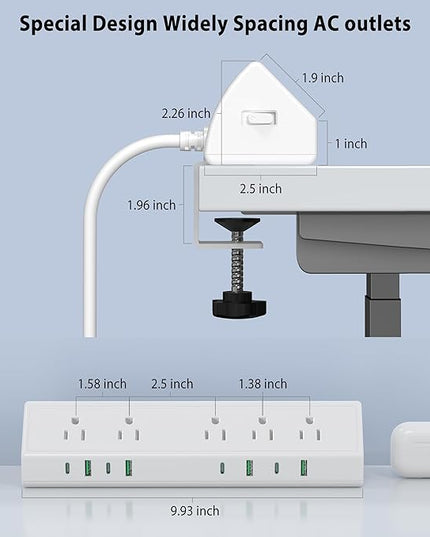 45W Fast Charging Station,Desk Clamp Power Strip,4 PD USB-C Ports,5 AC Outlets,Surge Protector Power Strip, 14AWG Heavy Duty Cord, Fits 1.9" Tabletop Edge (White, 20 FT Cable)