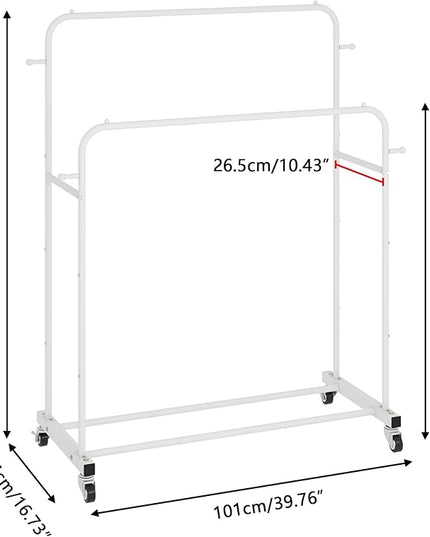 Laiensia Double Rods Garment Rack with Wheels, Clothing Rack for Hanging Clothes,4 Hooks, Multi-functional Bedroom Clothes Rack, White