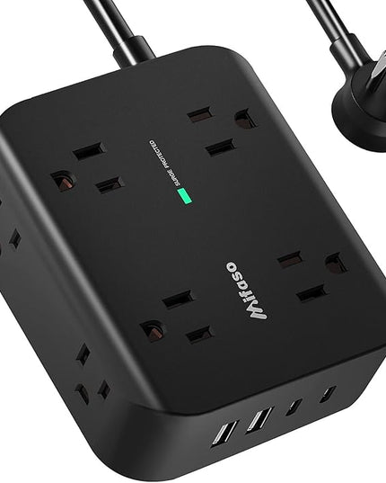 Power Strip Surge Protector - Flat Plug, Wall Mount, 6FT Extension Cord with Multiple Outlets, 8 Wide Outlets with 4 USB Ports (2 USB C), Charging Station Overload Protection Home Apartment Essentials