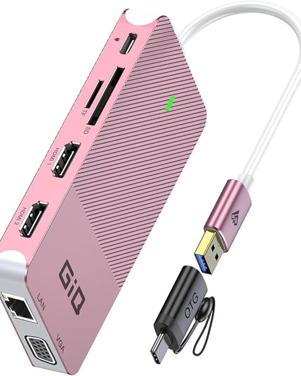 USB Docking Station GIQ USB C HUB USB 3.0 to Dual HDMI VGA Adapter Triple Display USB C Laptop Docking Station Dual Monitor HDMI Splitter Extender Compatible with MacBook M1 M2 USB Dock-Rose Gold