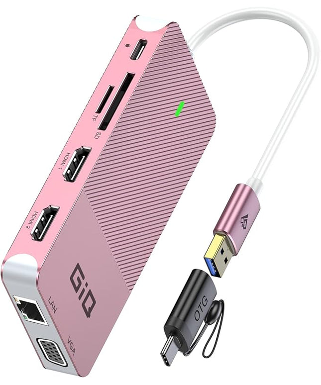 USB Docking Station GIQ USB C HUB USB 3.0 to Dual HDMI VGA Adapter Triple Display USB C Laptop Docking Station Dual Monitor HDMI Splitter Extender Compatible with MacBook M1 M2 USB Dock-Rose Gold