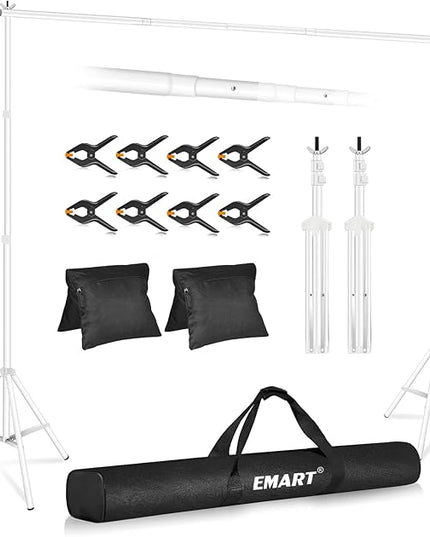 EMART Backdrop Stand 10x8.5ft(WxH) Photo Studio Adjustable Background Stand Support kit with 2 Crossbars, 8 Clamps, 2 Sandbags and Carry Bag for Parties, Events Decoration, Wedding, Photography -White