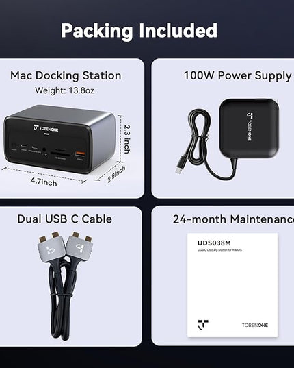 TobenONE MacBook Docking Station Dual 4K@60Hz, 16-in-2 USB C Docking Station with 2 HDMI Ports, 7 USB Ports, 100W GaN Power Supply & 20W Charging, 2.5Gbps Ethernet, for Home & Office