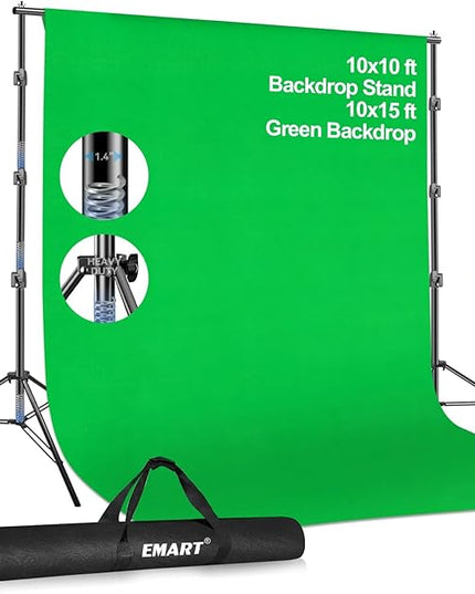 EMART 10 x 10ft Green Screen Backdrop Kit with Tripod Stand, Photography Background Support System with 10 x 15ft 100% Cotton Muslin Chromakey Backdrop for Photo Studio, Video Shooting, Live Streaming
