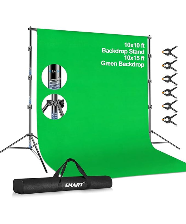 EMART 10 x 10ft Green Screen Backdrop Kit with Tripod Stand, Photography Background Support System with 10 x 15ft 100% Cotton Muslin Chromakey Backdrop for Photo Studio, Video Shooting, Live Streaming