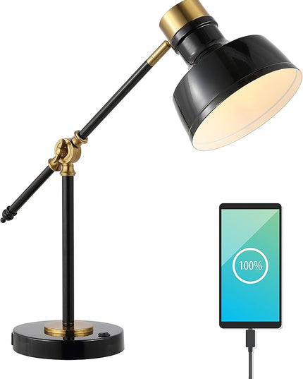 JONATHAN Y JYL7124A Allegra 18.5" Adjustable Cantilever LED Task Lamp, USB Charging Port, Classic, Coastal, Industrial, Farmhouse, Traditional for Bedroom, Living Room, Office, Black/Brass Gold
