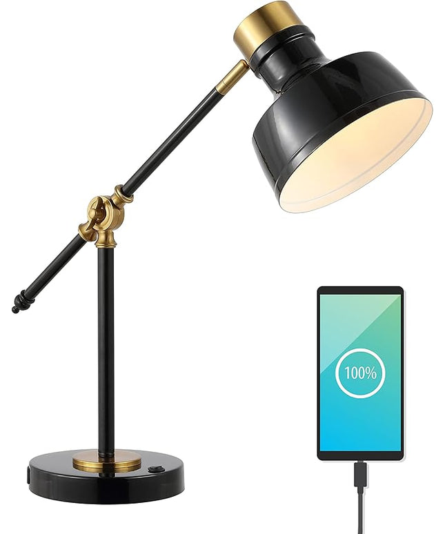 JONATHAN Y JYL7124A Allegra 18.5" Adjustable Cantilever LED Task Lamp, USB Charging Port, Classic, Coastal, Industrial, Farmhouse, Traditional for Bedroom, Living Room, Office, Black/Brass Gold
