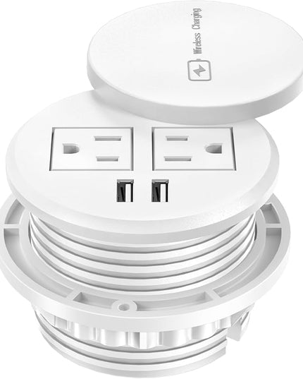 3 Inch Desk Hole Recessed Power Grommet with 15W Wireless Charger Cover, 2 USB-A Countertop Grommet Mount Power Outlet, with AC Outlets and 6ft Extension Cord