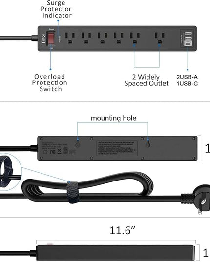 20Ft Power Strip Surge Protector - Yintar Extension Cord with 6 AC Outlets and 3 USB Ports for Home, Office, Dorm Essentials, 1680 Joules, ETL Listed, Black