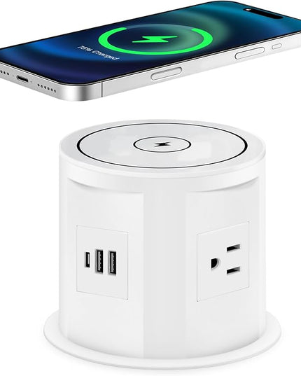 Pop Up Outlet for Countertop with 15w Wireless Charger, 4.7-Inch Pop Up Outlet with 4 Outlets and 2 USB-A, 1 USB-C, Pop Up Power Outlet for Kitchen Countertop, Conference Room, Study Room (White)