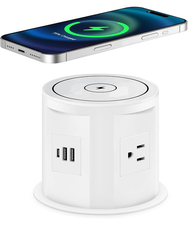 Pop Up Outlet for Countertop with 15w Wireless Charger, 4.7-Inch Pop Up Outlet with 4 Outlets and 2 USB-A, 1 USB-C, Pop Up Power Outlet for Kitchen Countertop, Conference Room, Study Room (White)