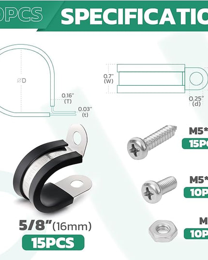 OURU 15PCS 5/8 Inch Cable Clamps with 35PCS Screws Assortment Kit 304 Stainless Steel Rubber Cushioned Insulated Cable Clamp, Automotive Wire Pipe Clamps(16mm)
