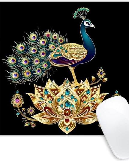 Square Mouse Pad Peacock on Lotus with Jewels-20,Gaming Mouse Pads for Desk,Soft Computer Waterproof Non-Slip Mouse Mat