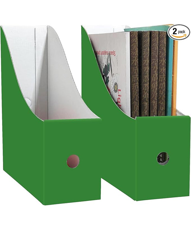 Limitliho 2 Pack Cardboard File Storage Box with Label, Grass Green Book Holder for Classroom,Office,Home,Magazine Organizer for Desk(10.6" H x 10.2" L x 3.5" W in)