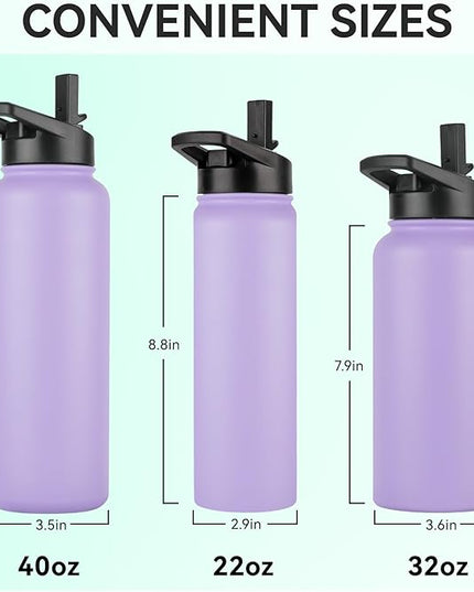 DOMICARE Insulated Water Bottle, 22 oz Vacuum Insulated Stainless Steel Reusable Sports Bottle with Straw Lid & Spout Lid for Travel, Camping, Bike, Leakproof, Purple, 8 Pack
