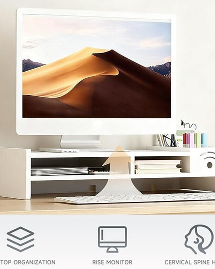 Two Tier Shelf Monitor Stand For Desk, 4.3 Inch Height Monitor Riser With Storage Organizer, Desktop Computer Riser, For Home