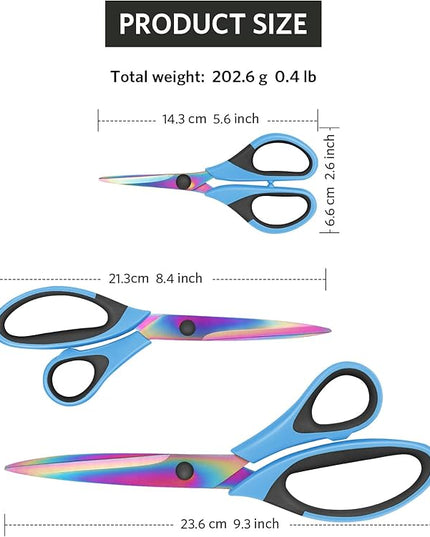 Uaugulft Sewing Shears for Fabric Cutting, Sharp Titanium Blades, Soft Grip Handle, Multi-Purpose Scissors Set of 3 Suitable for Families, Crafting, Office, and School Use, Blue/Black