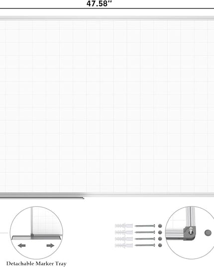 JILoffice Magnetic Dry Erase Planning Board, Grid Pattern White Board 48 x 36 Inch, Silver Aluminum Frame with Detachable Marker Tray for Office School and Home
