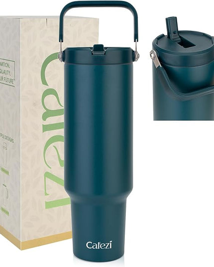 50oz Tumbler with Lid and Straw, Stainless Steel Water Bottles with Flip Straw and Top Handle, Leak Proof, Fits in Cup Holder, Vacuum Insulated Water Bottle for Home, Office, Outdoors, Car