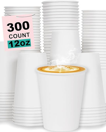 Coolcap 12 oz 300 Pack Disposable Coffee Cups, Bulk White Disposable Paper Cups, Coffee Cups for Hot Tea, Chocolate and Cold Drinks