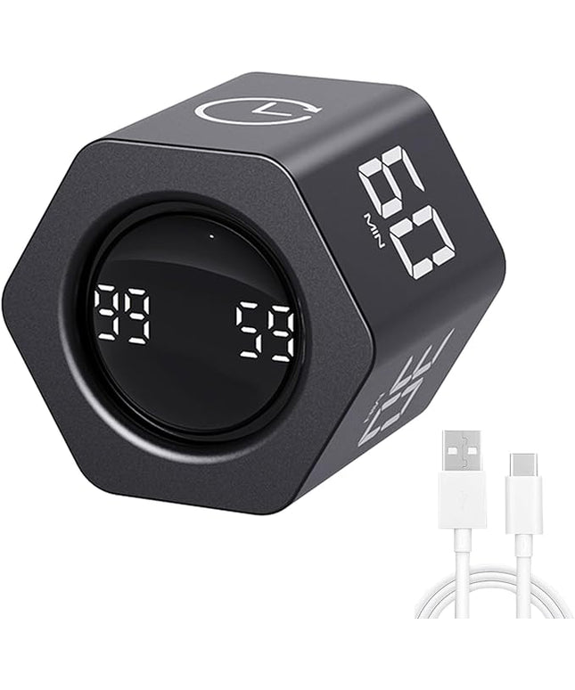 Productivity Timer Flip Gravity Sensor Pomodoro Cube Timer Countdown & Countup,1/5/10/30/60min Preset & Custom Timing, Mute/Vibrate/Sound for ADHD,Work,Study,Kitchen(1, Black Hexagon)