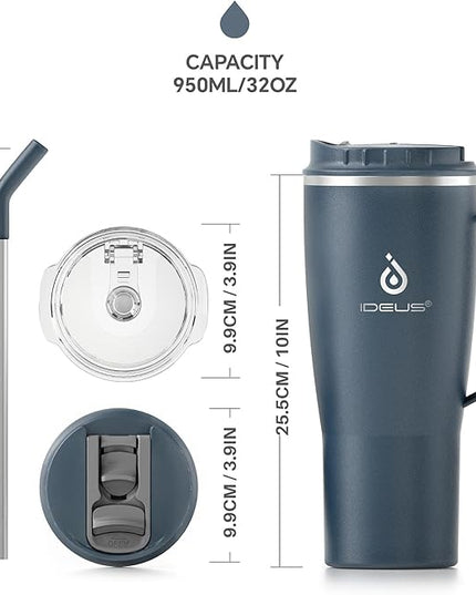 Ideus 32 oz Tumbler with Handle and Straw, Vacuum Insulated Stainless Steel Travel Mug, 100% Leakproof, Cup Holder Friendly, Navy Blue