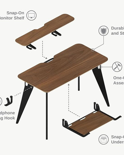 HOEK Desk Bundle, 47.5" x 23", Modular Collapsible Workstation with SNAP Assembly, Monitor Shelf, Under Shelf, Side Hook and Wall Cleat, Portable Folding Computer Desk for Home Office (Walnut/White)