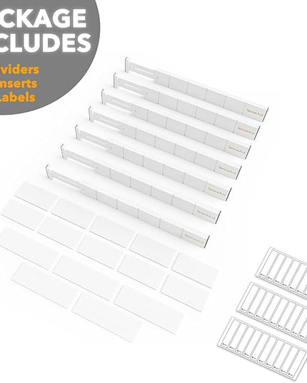 SpaceAid Bamboo Drawer Dividers with Inserts and Labels, Kitchen Adjustable Drawer Organizers, Expandable Organization for Home, Office, Dressers, 7 Dividers with 15 Inserts (17"-22" White)
