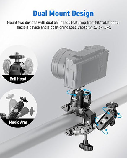 NEEWER Super Clamp with 3" Dual Ballhead Magic Arm, Ball Head Adapter, Cold Shoe, Phone Holder, Action Camera Clamp Mount for Flat/Round Surface Compatible with GoPro DJI iPhone 15 Pro Max, ST85