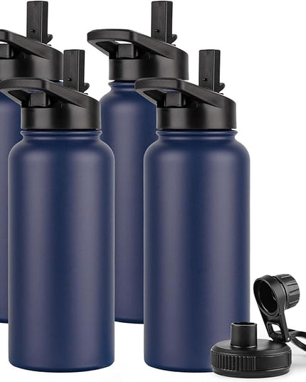 DOMICARE 32 oz Insulated Water Bottle Bulk, Vacuum Insulated Stainless Steel Sports Water Bottle with Straw Lid & Spout Lid, Leakproof, Reusable - Travel, Camping, Bike, Navy Blue (4 Pack)