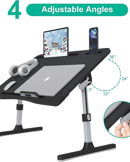 Laptop Bed Tray Desk with Adjustable Heights and Angles, Upgraded-Sturdy Foldable Lap Desk for Bed/Couch/Floor (NO Drawer, Black)