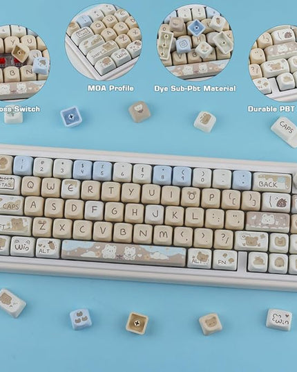 Sunzit MOA Keycaps,132 Keys Milk Tea Bear Custom PBT Keycaps, Dye-Sublimation Key caps Keyboard Keycap Set for MX Switches Mechanical Keyboard
